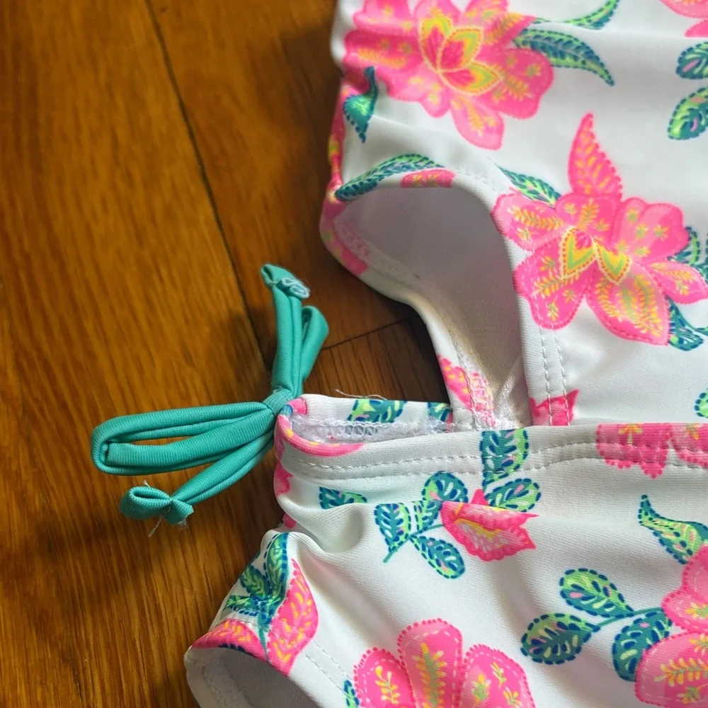 Girls' Floral One-Piece Swimsuit - Pink & Teal